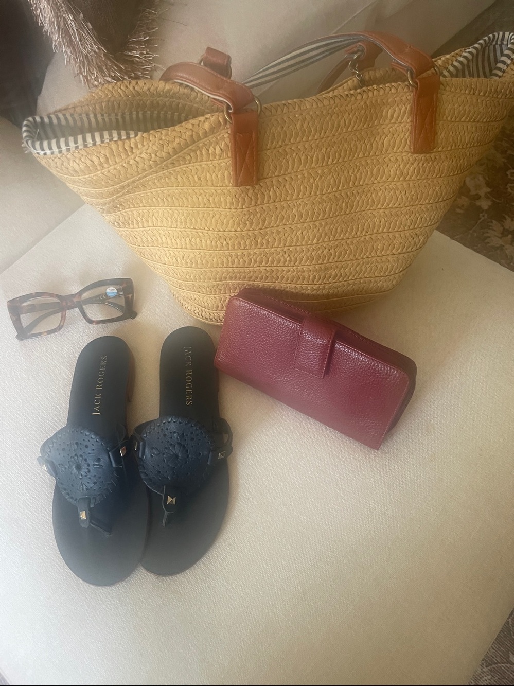 Jack Rogers Navy Leather Round Medallion Slide Sandals
